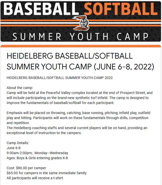 Heidelberg University Baseball and Softball Youth Camp